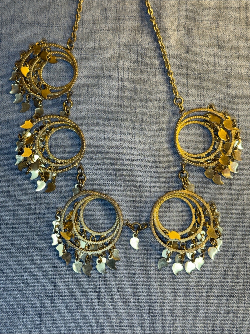 Vintage 1960s Gold Tone Boho Bib Necklace, Textured Circles & Leaf Fringe Charms - Picture 7 of 11